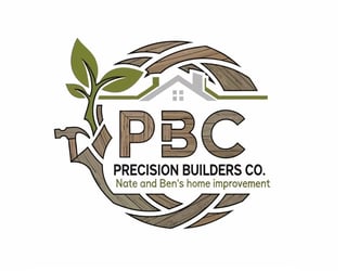 PBC Precision Builders Co. logo featuring a house with roof and green leaves in circular design