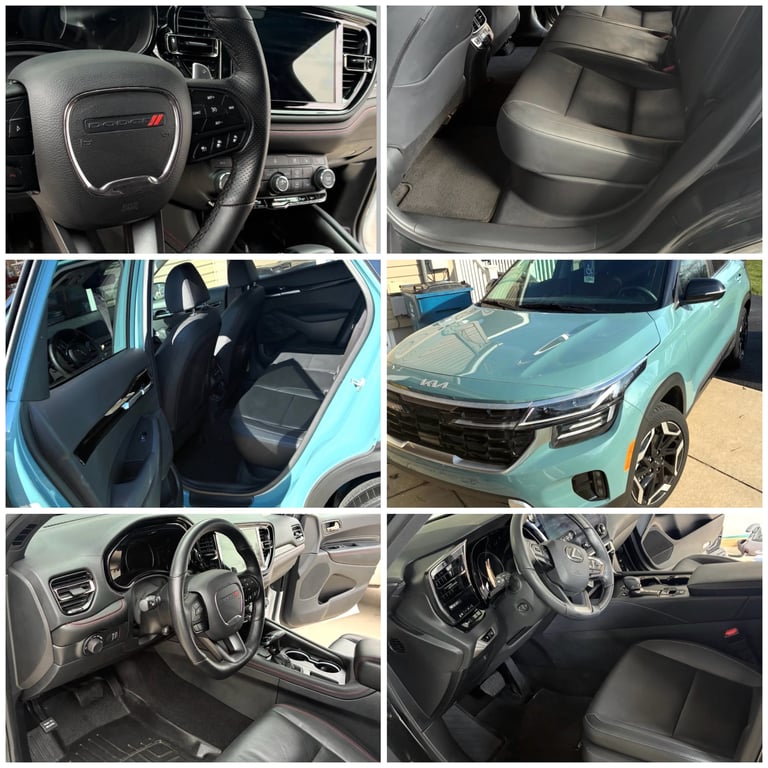 Collage of six car interior and exterior photos showing steering wheels, seats, and a light blue Chevrolet vehicle
