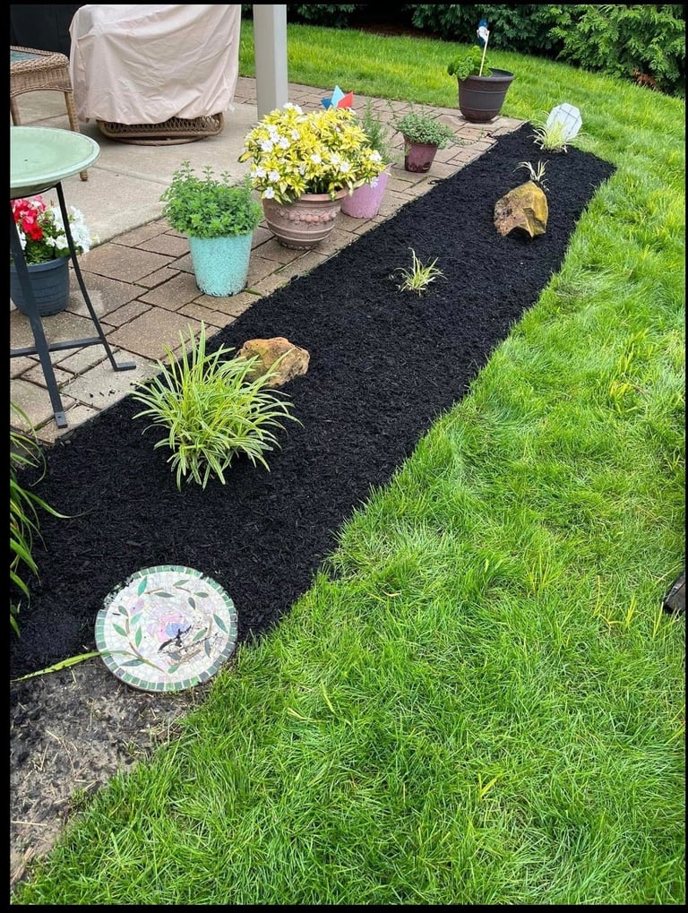 A backyard garden bed with black mulch, ornamental grasses, and decorative stones, bordered by green lawn and featuring potted flowers nearby