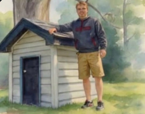 Man holding blue roof panel above small white garden shed with dark door